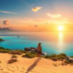 A person wearing a hat stands on a sandy hill overlooking the ocean at sunset, enjoying calm blue water and scattered vegetation—capturing the peaceful beauty of a Belize vacation with distant mountains under a partly cloudy sky.