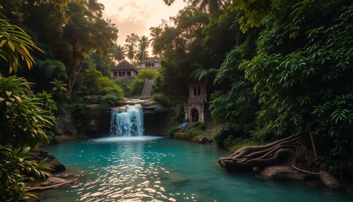 Secluded Belizean jungle waterfall at dawn, with turquoise waters cascading amid green foliage, ancient Mayan ruins, and explorers in gear under a golden sky.