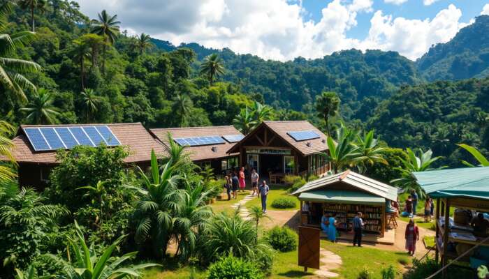 Eco-lodge in San Ignacio's lush forests with solar panels, hikers on trails, and visitors buying handmade crafts at a market.