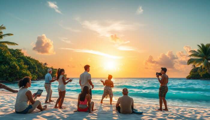 Diverse professionals engage in team-building activities on a Belizean beach, surrounded by lush jungles, turquoise waters, and a golden sunset.