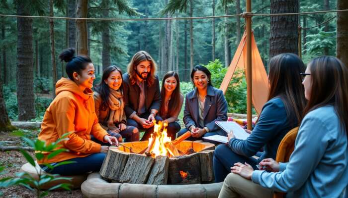 Diverse professionals in a serene forest retreat engage in rope courses and campfire discussions to build trust and foster teamwork.