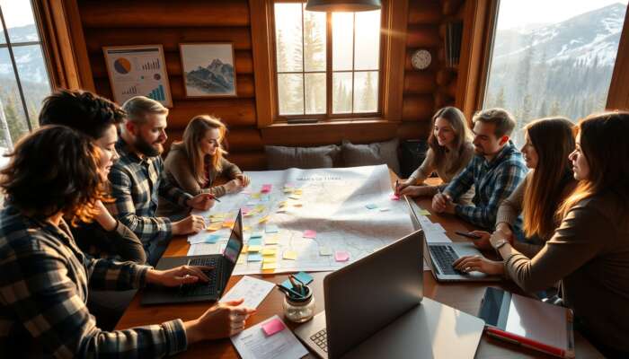 A diverse team brainstorms retreat plans in a mountain cabin, surrounded by maps, laptops, sticky notes, and sunlight streaming in.