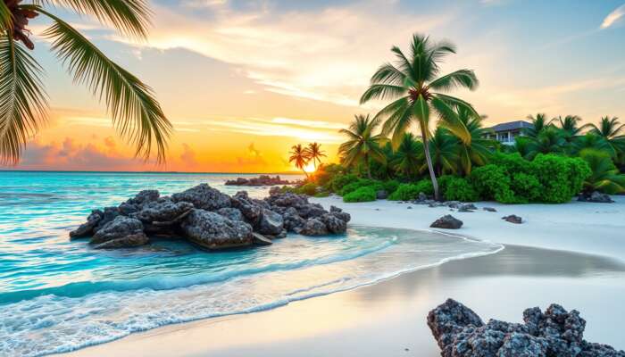 A serene Belizean beach at sunset, with turquoise waters, white sands, palm trees, coral reefs, and ancient Mayan ruins.