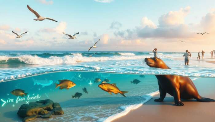Vibrant coastal ecosystem at dawn: waves crashing on sandy beach, soaring seabirds, swimming fish, a curious seal, and people snorkeling and birdwatching.