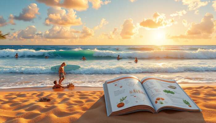 A vibrant tropical beach at golden hour: waves crashing on sands, families building sandcastles, surfers riding swells, and an open guidebook.