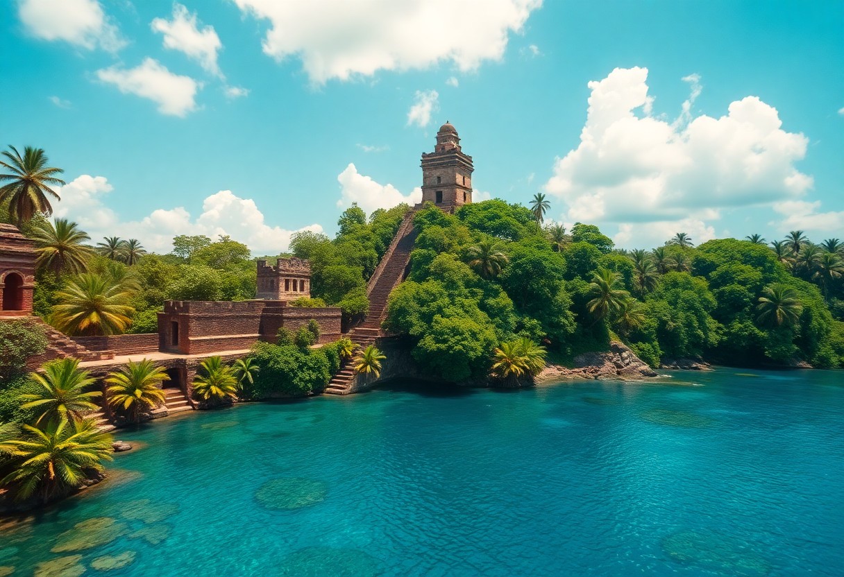 A historic building with a tower stands amidst lush greenery on a small island surrounded by clear blue water. There are palm trees and a partly cloudy sky, creating a serene and tropical atmosphere.