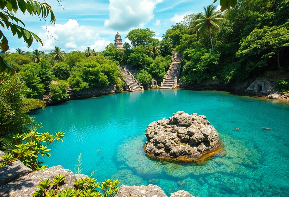 A clear, turquoise lagoon surrounded by lush green trees with a large rock formation in the center. Two symmetrical stone staircases lead down to the water. A structure resembling a tower is visible in the background beneath a partly cloudy sky.