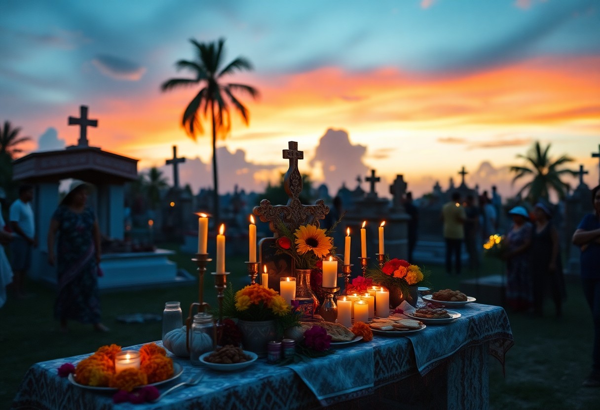 Family arranging Los Finados altar in Belize with foods and candles