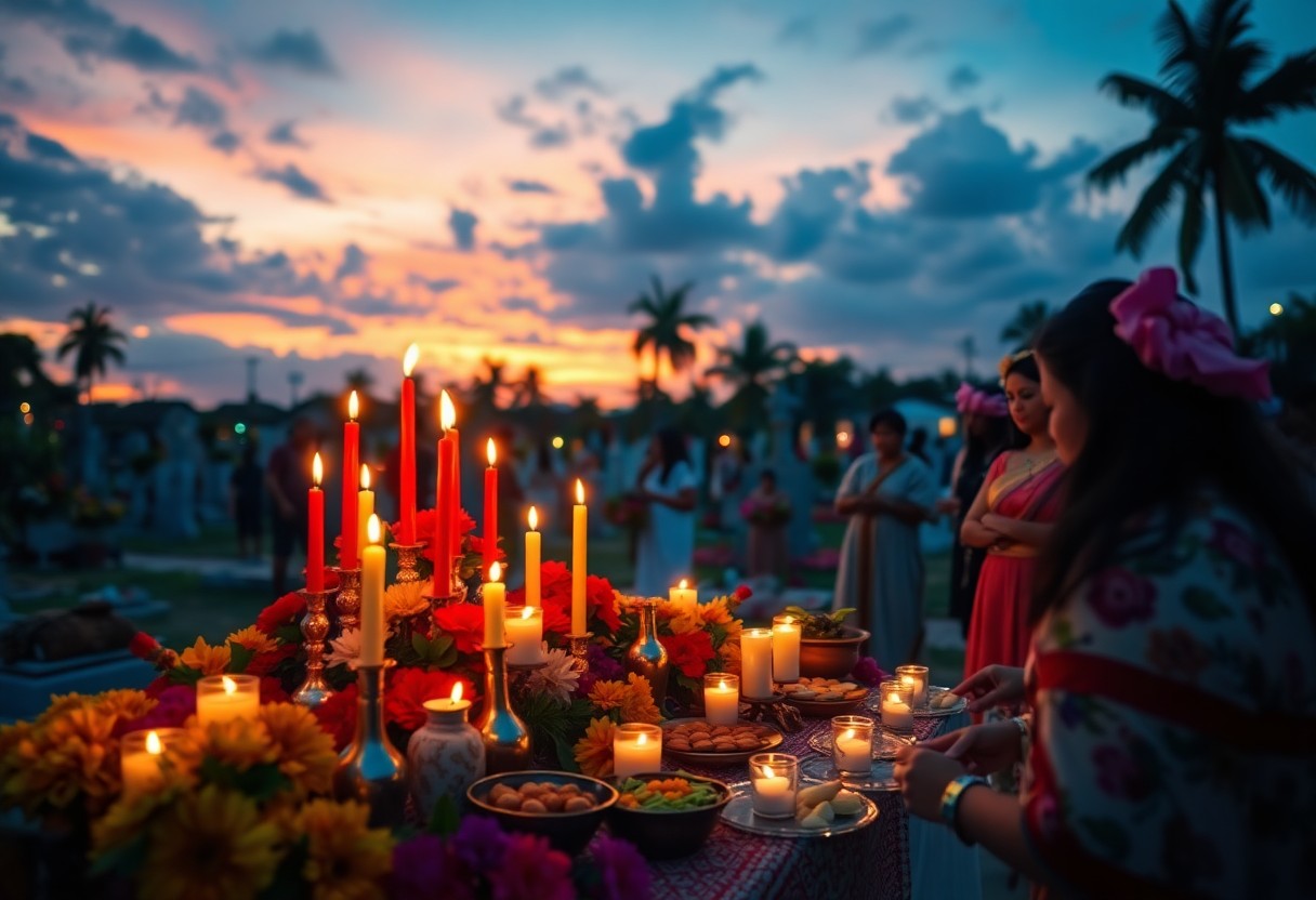 Los Finados altar with candles and marigolds in Belize