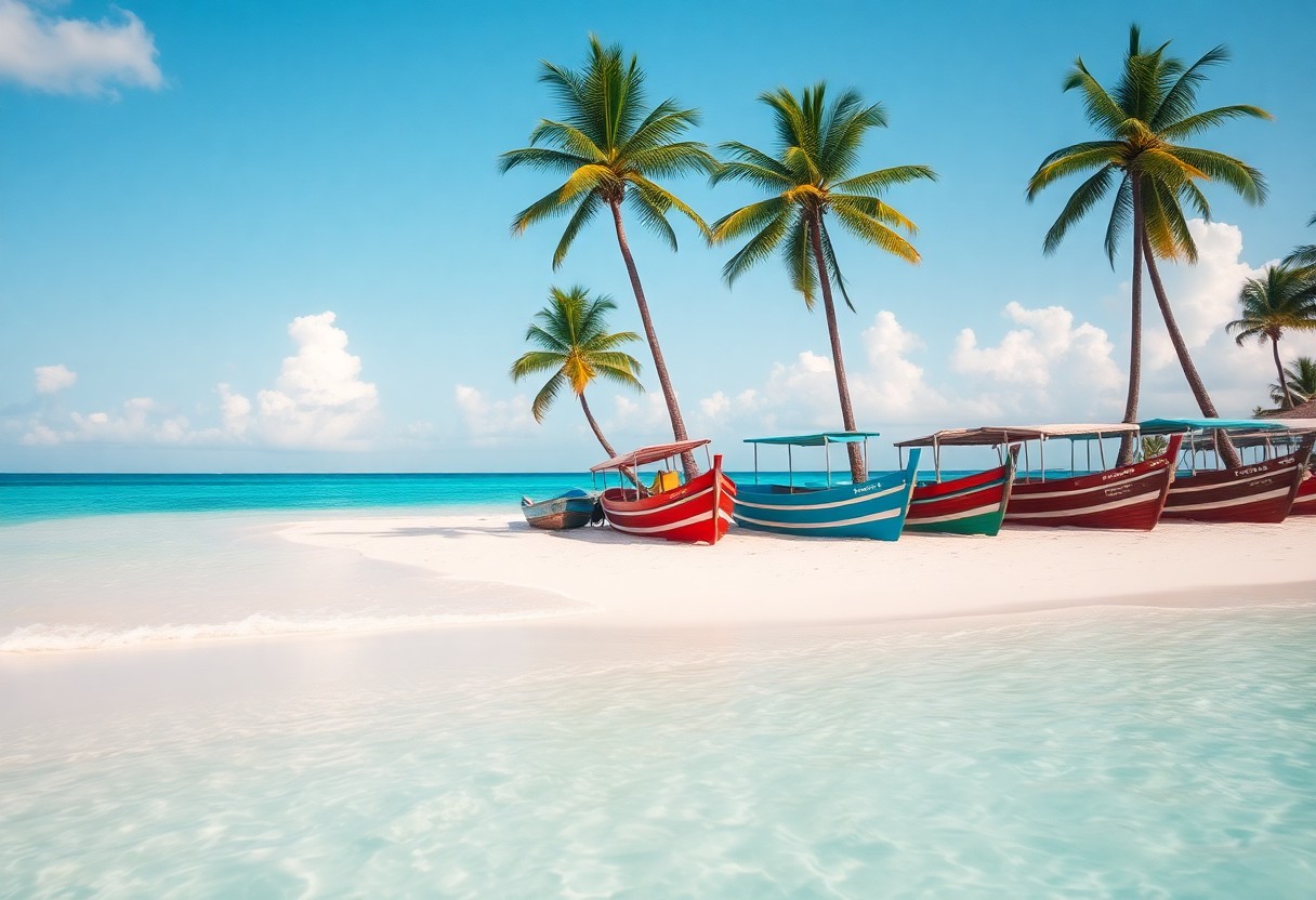 A tropical beach scene with six colorful wooden boats lined up on white sand. Three tall palm trees stand nearby. The calm, clear turquoise water reflects the blue sky with scattered clouds.