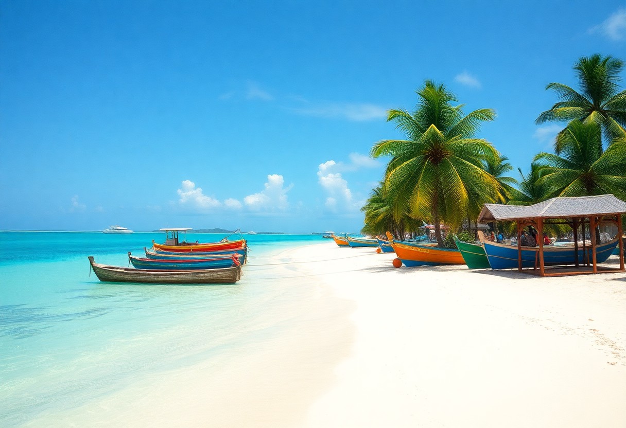 Tropical beach scene with clear blue skies and calm turquoise water. Colorful wooden boats are lined up on the sandy shore next to lush palm trees. A small wooden shelter is visible on the right.