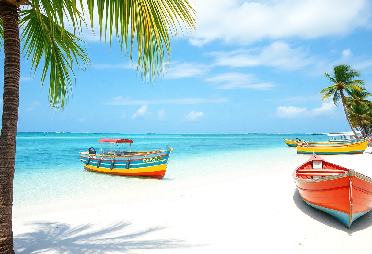 A beach scene with clear turquoise water, white sand, and a bright blue sky. Two small wooden boats, one painted with red and yellow, and the other with orange and yellow, are beached near the shore. Palm trees line the edge of the sand.