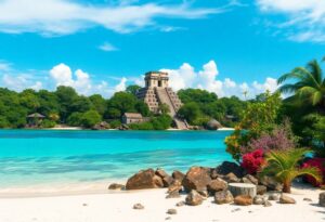 A beachfront scene in Belize, one of the top destinations for summer, features clear turquoise waters, white sand, and lush tropical foliage. In the background stands a stone pyramid-style structure surrounded by dense greenery under a partly cloudy blue sky. Rocks and plants frame the foreground.