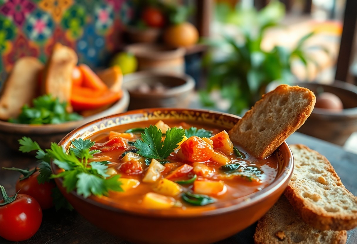 A bowl of vegetable soup with chunks of tomatoes, peppers, and herbs is garnished with fresh parsley. Beside the bowl are two slices of crusty bread. In the background, there are blurred fruits and vegetables.