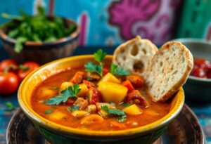 A bowl of vegetable soup garnished with parsley, featuring chunks of tomato, potato, and other vegetables. Two slices of bread are placed on the side of the bowl. A bowl of greens and tomatoes are in the background.