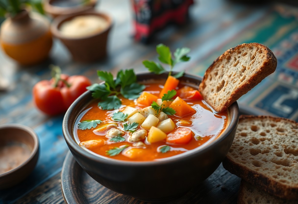 A bowl of vegetable soup sits on a wooden table, garnished with fresh parsley. The soup contains visible chunks of potatoes, carrots, and possibly chickpeas. A slice of whole grain bread leans against the bowl. Fresh tomatoes and bread are in the background.