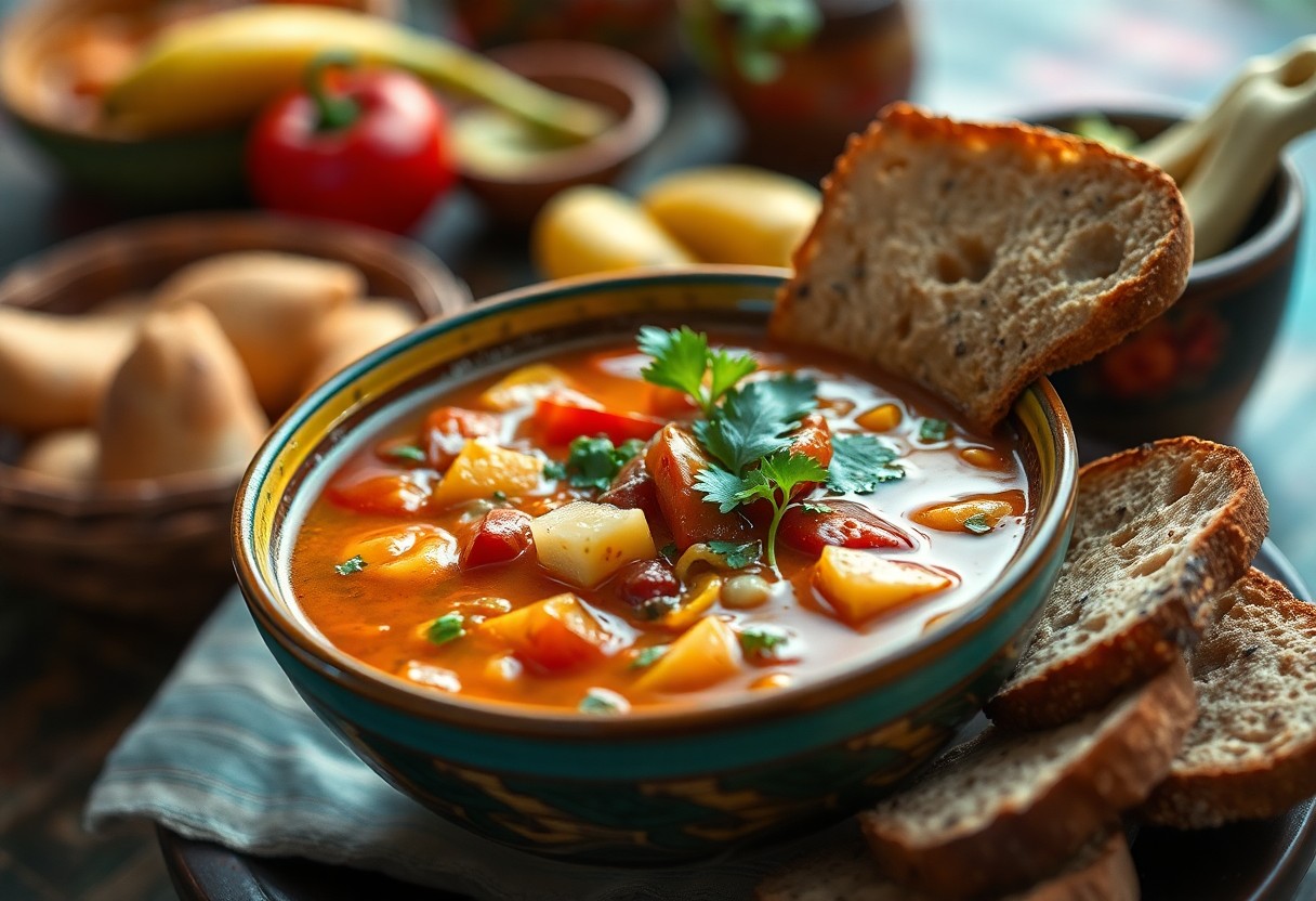 A bowl of vegetable soup filled with chunks of potatoes, tomatoes, and garnished with cilantro. Two slices of bread rest on the side. In the background, there are more vegetables and pastries on a patterned cloth.