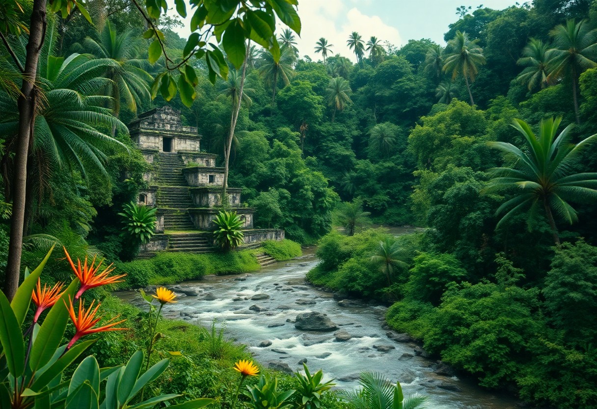 Ancient stone temple partially covered by lush jungle vegetation near a flowing river. Brightly colored tropical flowers in the foreground and dense trees surround the scene under a partly cloudy sky.