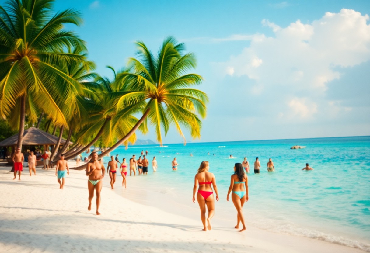 People walk along a sunny beach with white sand and turquoise water. Palm trees line the shore, and more beachgoers are in the water and on the sand. The sky is blue with a few clouds.