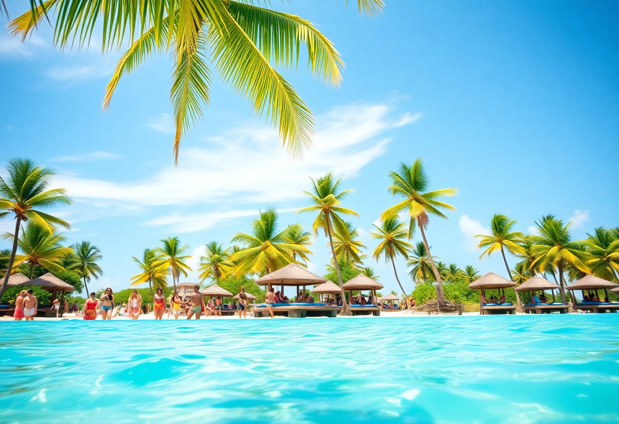 A tropical beach scene featuring clear turquoise water in the foreground. In the background, there are people relaxing under straw umbrellas surrounded by numerous palm trees. The sky is clear and blue.