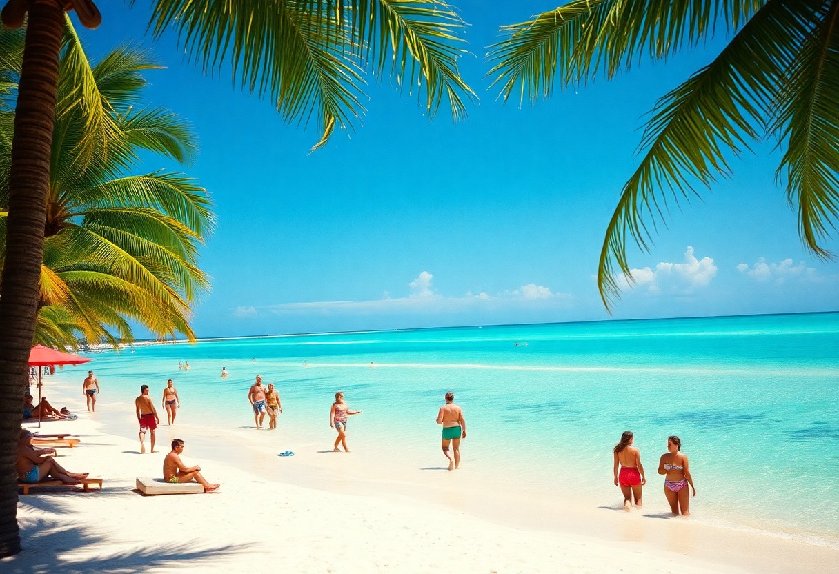 People are enjoying a sunny day on a tropical beach with clear turquoise water. Some are walking along the shore while others relax on loungers under palm trees. The sky is clear with a few clouds in the distance.