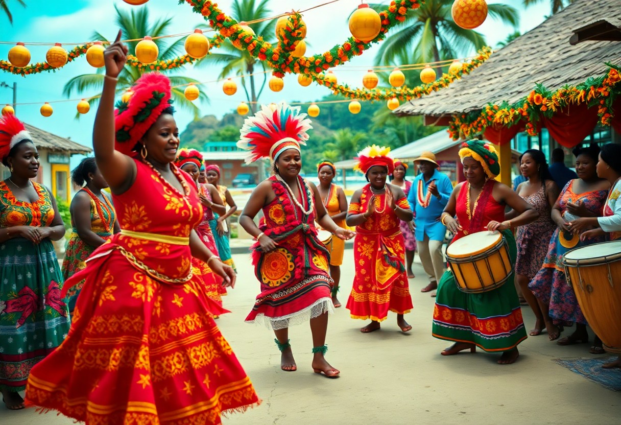 A vibrant outdoor festival scene with people in colorful traditional clothing dancing and playing drums. Festive decorations and palm trees are visible in the background, creating a lively and joyful atmosphere.
