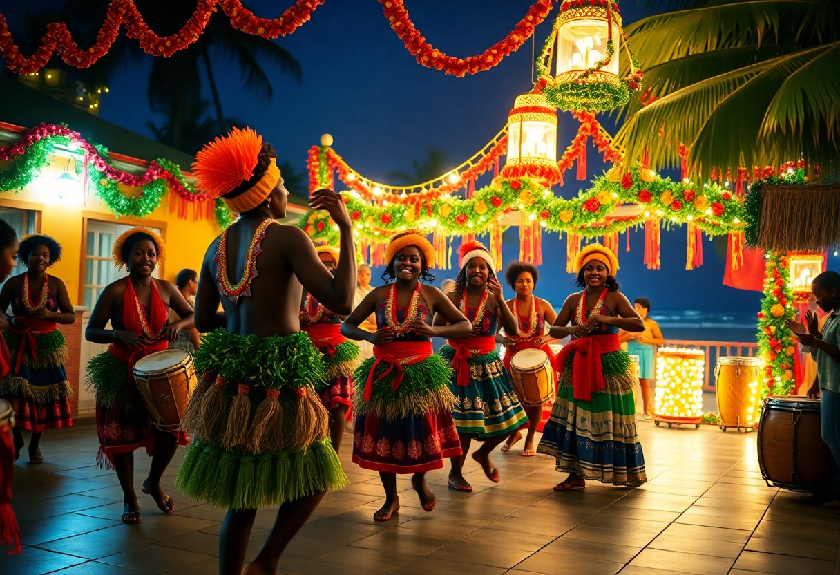 A group of dancers in vibrant traditional attire perform in an outdoor setting decorated with colorful lanterns and lush greenery. Drummers accompany them. It's nighttime, and palm trees are visible in the background.