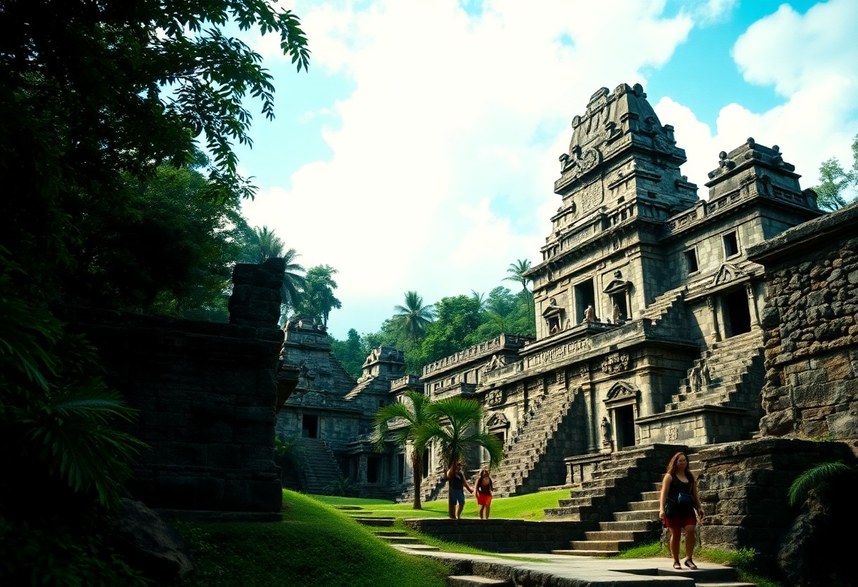 Lamanai temple on river edge surrounded by jungle