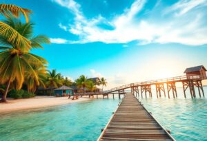 A wooden pier stretches over the clear turquoise waters toward huts on stilts, promising a perfect winter escape for Canadians. Palm trees fringe the sandy beach on the left side under a sunlit sky, suggesting a tranquil setting in beautiful Belize.
