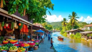 A vibrant floating market scene in San Ignacio Town, 2025, with colorful fruit and vegetable stalls.