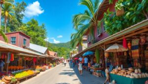 Experience the vibrant outdoor market in San Ignacio Town, where stalls line the street with fruit, vegetables, and handicrafts.
