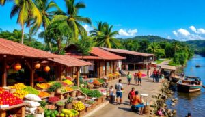 In 2025, San Ignacio Town's vibrant outdoor market by the river features wooden stalls brimming with fruits and vegetables. Locals and visitors alike stroll among the tropical palm trees, with boats docked at the riverbank under a clear blue sky. It's a perfect Belize vacation scene.