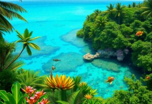 A vibrant tropical scene in Belize with clear turquoise water, various coral formations, and colorful fish swimming. Lush green foliage and palm trees surround the water, with bright flowers in the foreground under a clear blue sky—perfect for a winter escape from rainforests to reefs.