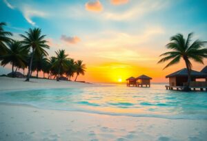 Experience a winter escape in Belize this January, where the tropical beach scene at sunset features a golden sun low in the sky. The calm sea reflects warm hues, with palm trees lining the sandy shore and thatched huts on stilts over the water beneath gentle clouds.