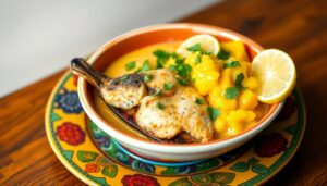 Hudut: mashed plantains (hudut) plated alongside sere