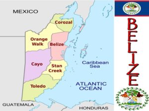 Map of Belize divided into six labeled districts: Corozal, Orange Walk, Belize, Cayo, Stan Creek, and Toledo. Positioned in Central America on the global stage, it borders Mexico to the north, Guatemala to the west and south, and the Caribbean Sea to the east. The Belize flag is on the right.