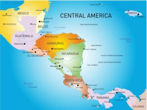 A map of Central America highlights countries like Mexico, Guatemala, Belize, El Salvador, Honduras, Nicaragua, Costa Rica, and Panama. Major cities and bodies of water are marked, showcasing Belize's unique global position with the Caribbean Sea to the east and the Pacific Ocean to the west.