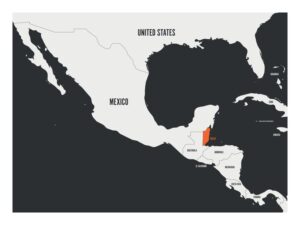 Map highlighting Belize in orange, showcasing its strategic global position on the eastern coast of Central America. The map includes parts of Mexico, the United States, Guatemala, and Honduras, illustrating Belize's location bordered to the north by Mexico and to the west and south by Guatemala.