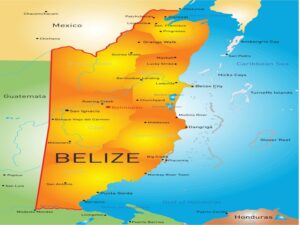 A colorful map of Belize highlighting its districts and global position on the continent. Key areas like Belize City, Belmopan, and San Ignacio are marked. The map shows surrounding countries Mexico, Guatemala, and Honduras, as well as the Caribbean Sea and Gulf of Honduras.