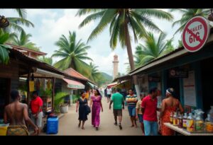 A bustling street scene in Belize features people walking between market stalls under tall palm trees
