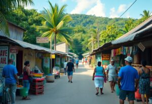 A tropical market scene buzzes with activity as people stroll down a sandy path