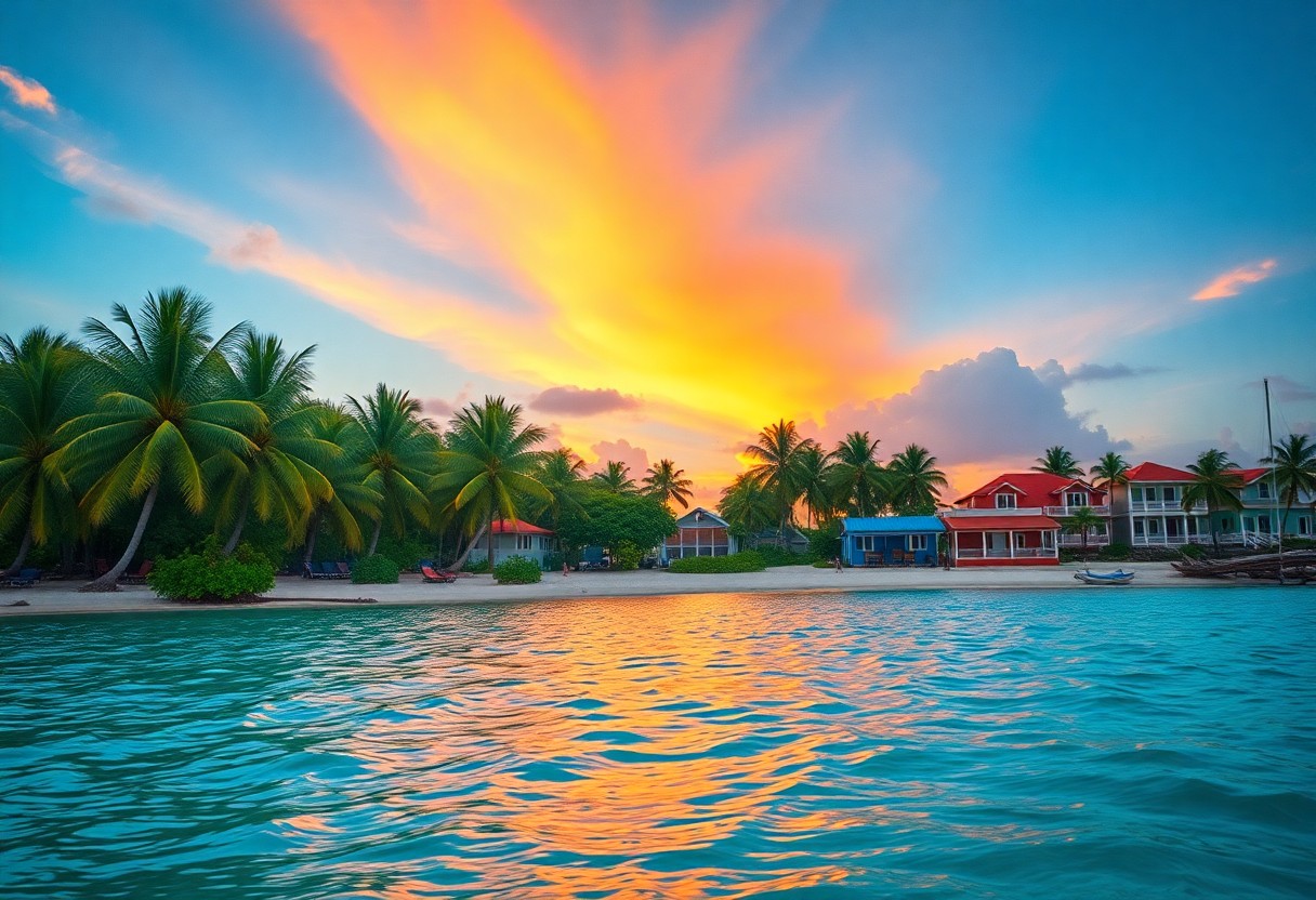 Tropical beach scene at sunset with vibrant orange and pink clouds in the sky. Palm trees line the shore, with colorful houses in red, blue, and white nearby. Calm turquoise water reflects the warm colors of the sky.