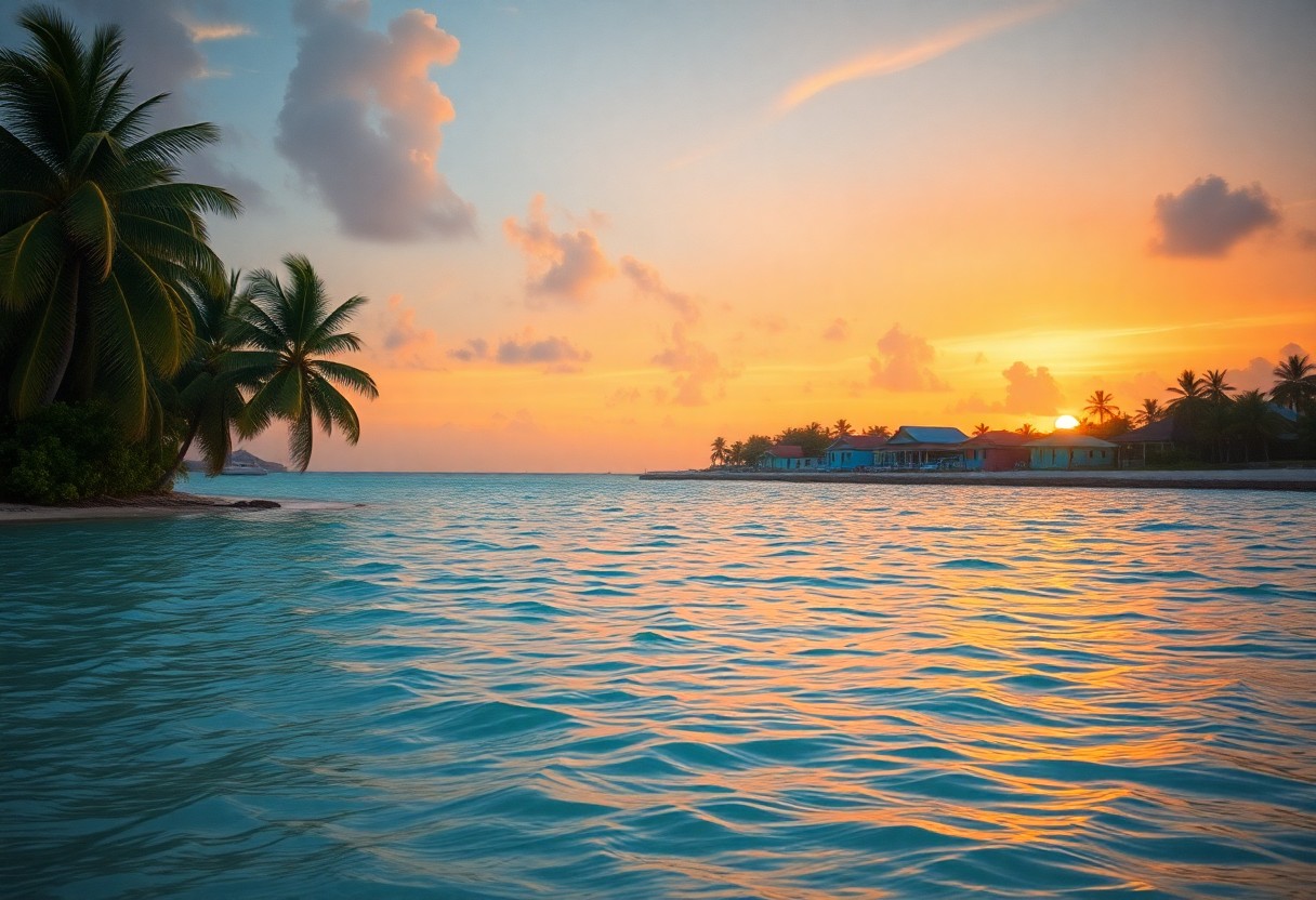 Tropical beach scene at sunset with calm water reflecting warm colors. Palm trees and small buildings line the shore under a sky with scattered clouds.