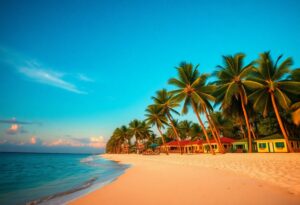 An island getaway at sunset reveals a tropical beach scene with white sand, turquoise waters, and a row of colorful huts surrounded by tall palm trees under the clear blue sky.