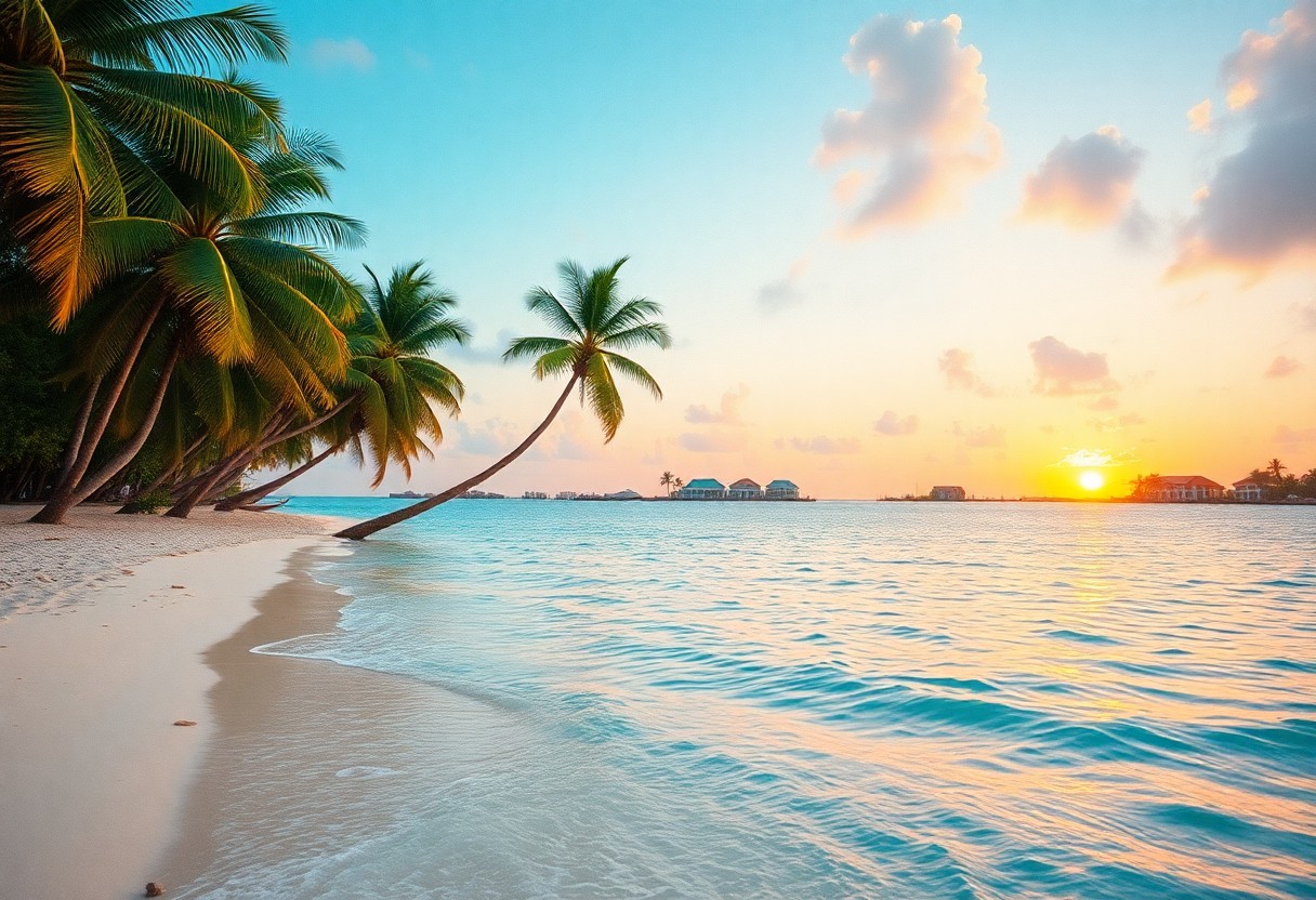 Tropical beach scene at sunset with clear blue water, white sand, and leaning palm trees. The sky is a blend of orange and blue with scattered clouds. Overwater bungalows are visible in the distance.