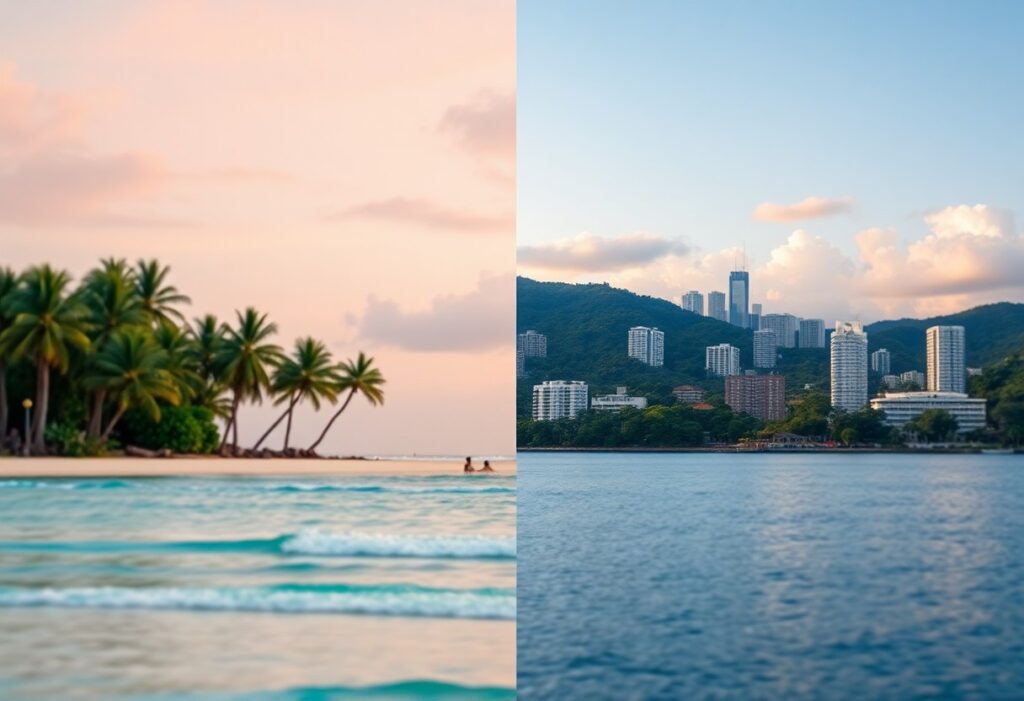 Split image: Left side shows a tropical beach with palm trees and gentle waves under a pink sky. Right side depicts a coastal city with high-rise buildings and green hills in the background. Both scenes are by the ocean.
