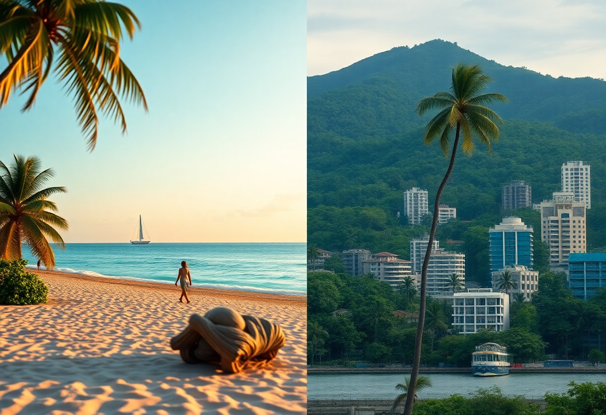 Split image: Left side shows a serene beach with palm trees, a person walking, and a sailboat on the horizon under a blue sky. Right side depicts a cityscape with tall buildings and a mountain in the background, partially covered by trees.