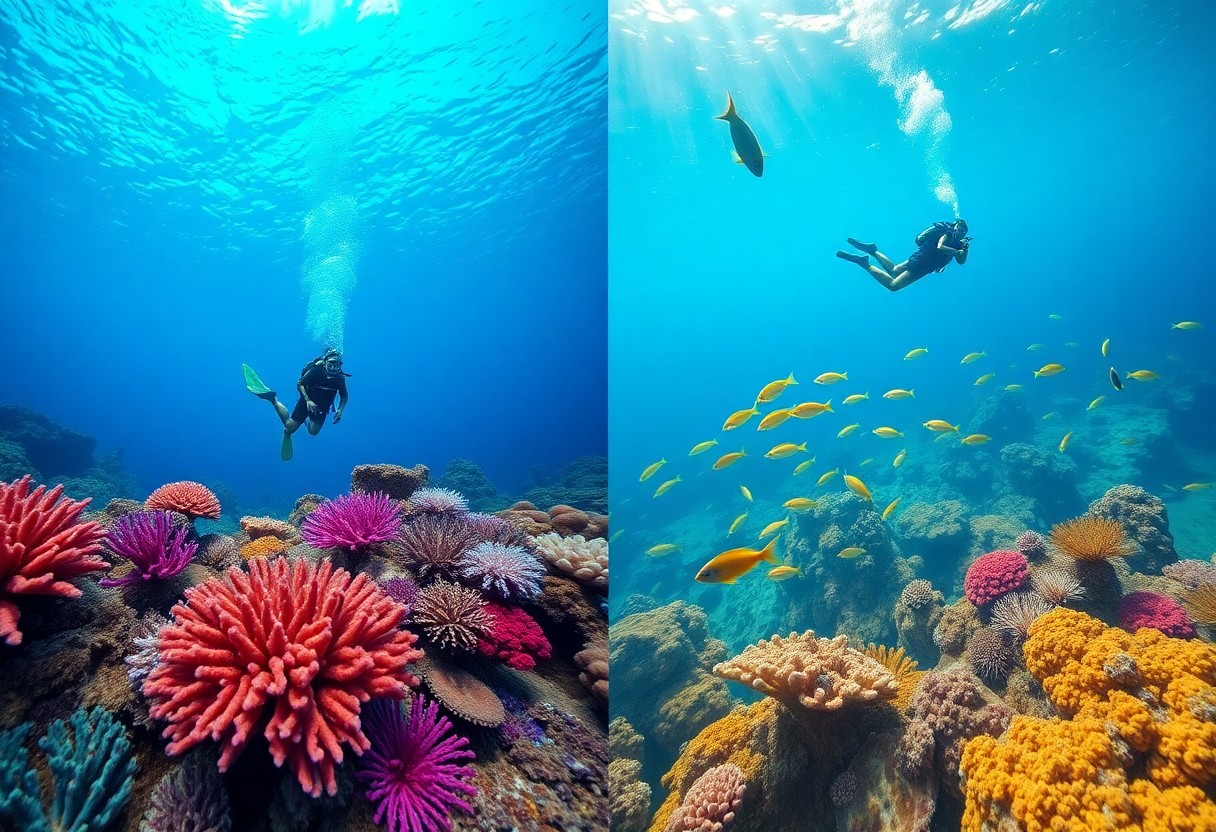 Diver over reef