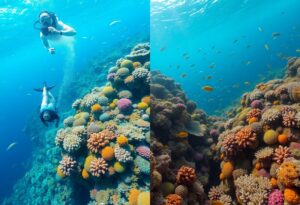 Two images of a vibrant coral reef underwater. On the left, a scuba diver with an oxygen tank swims above the reef, while another diver is below. The right image shows colorful corals and schools of small fish swimming around.