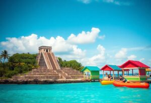 A vibrant waterscape featuring an ancient-style pyramid near the shore, colorful overwater huts on the right, and two people kayaking on mint-green water under a bright blue sky with fluffy clouds.